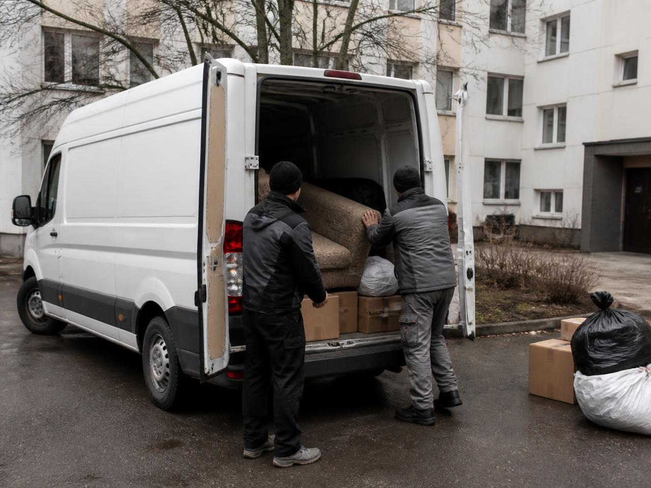 Prügivedu mikrobussiga: kaks töötajat laadivad kortermaja hoovis vana diivani, kastid ja prügikotid valgesse kaubikusse