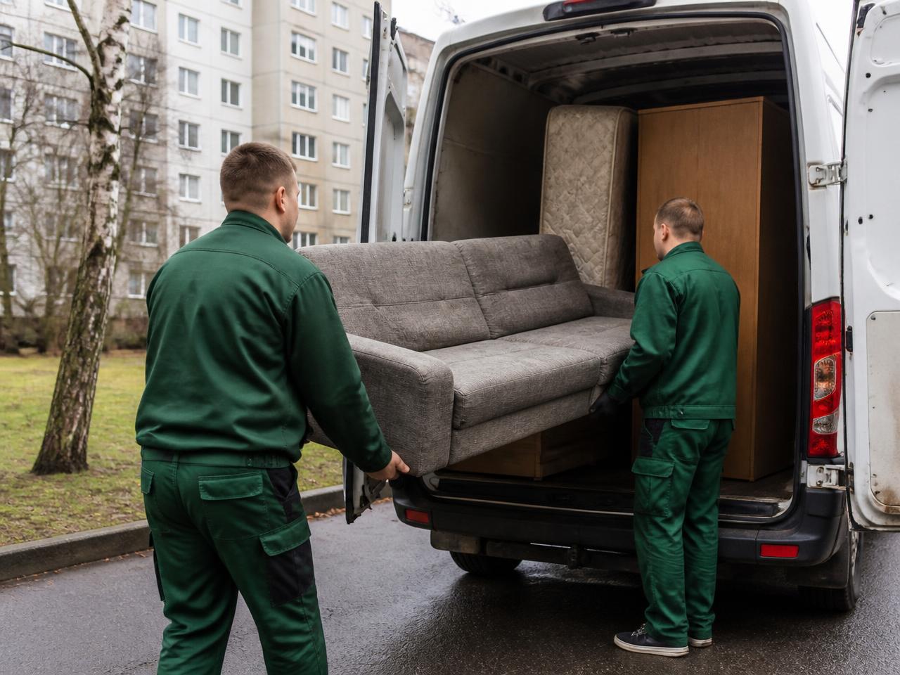 Suurjäätmete äravedu Tallinnas – töötajad laadivad vana diivanit ja madratsit kaubikusse